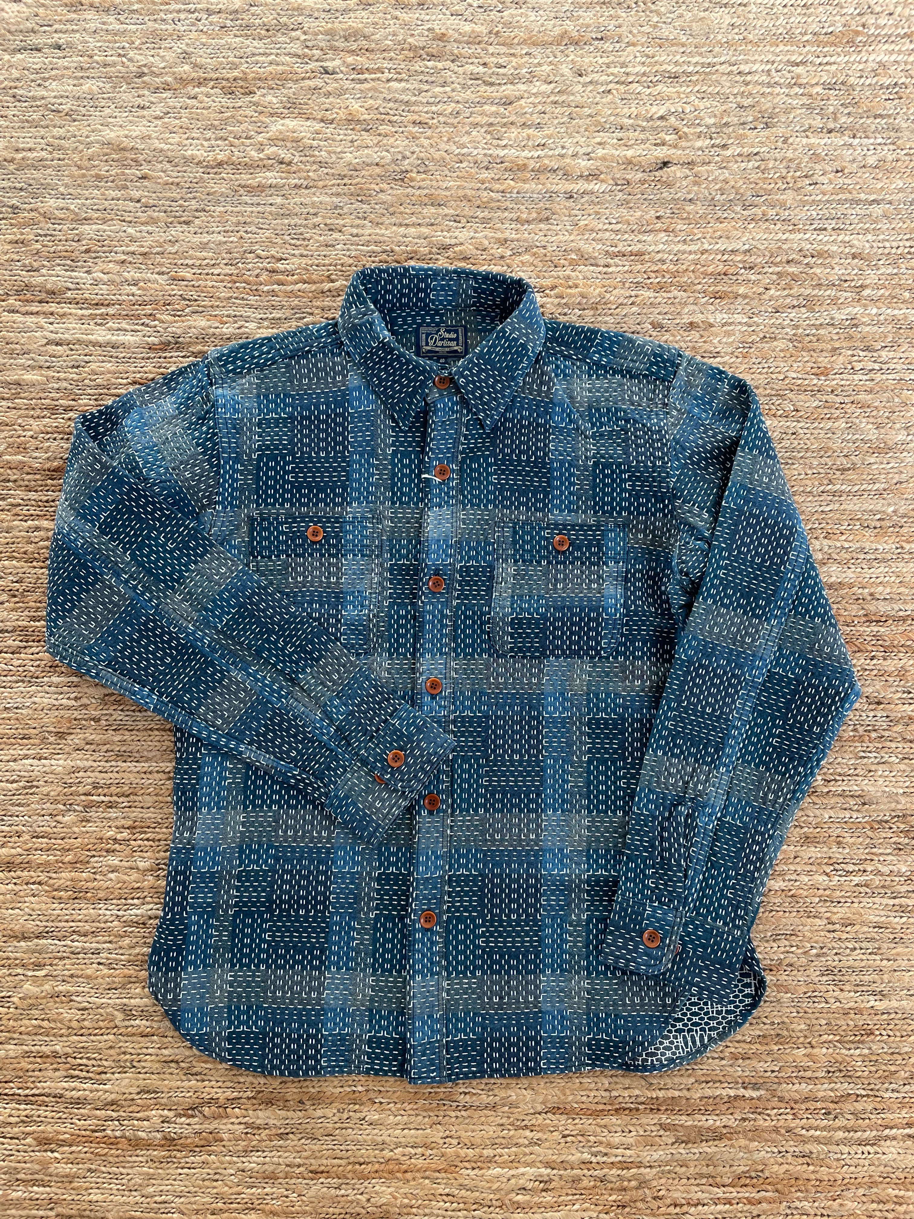 Noragi Sashiko Long Sleeve Shirt in Blue - Tempo