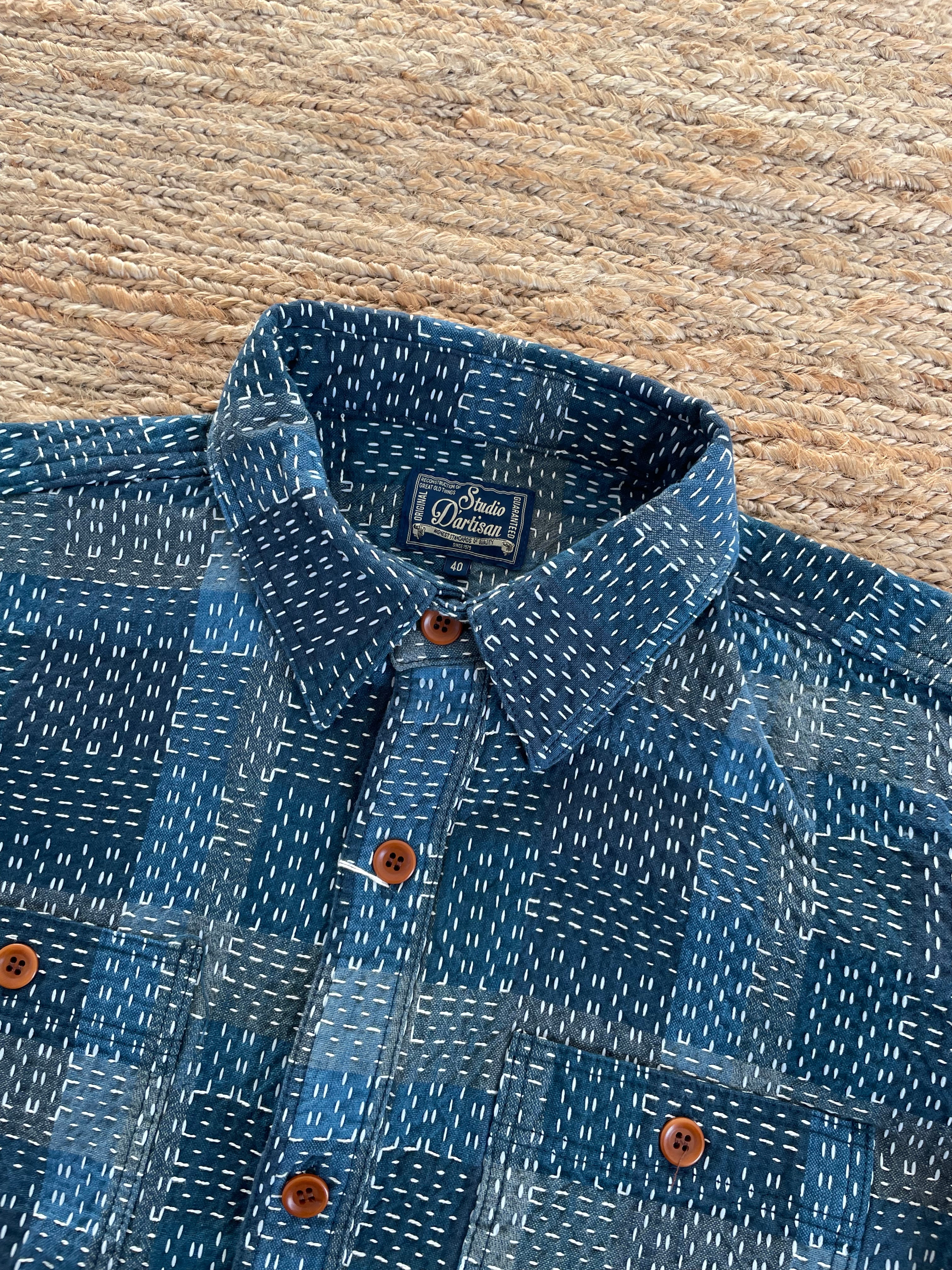 Noragi Sashiko Long Sleeve Shirt in Blue - Tempo