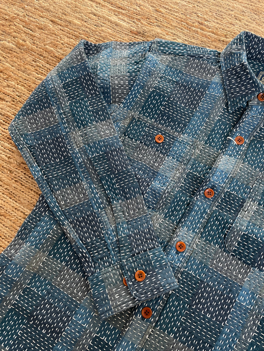 Noragi Sashiko Long Sleeve Shirt in Blue - Tempo