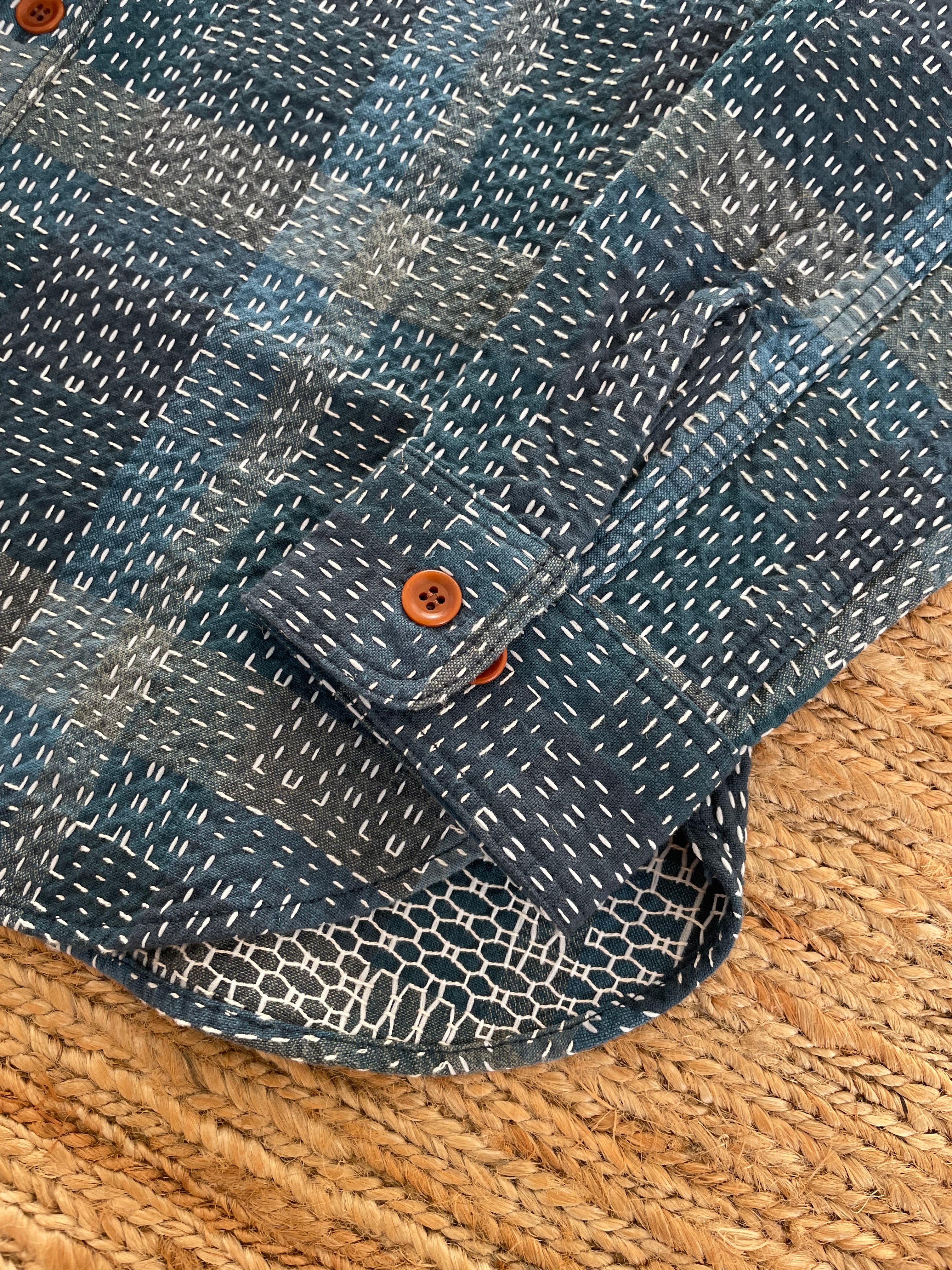 Noragi Sashiko Long Sleeve Shirt in Blue - Tempo