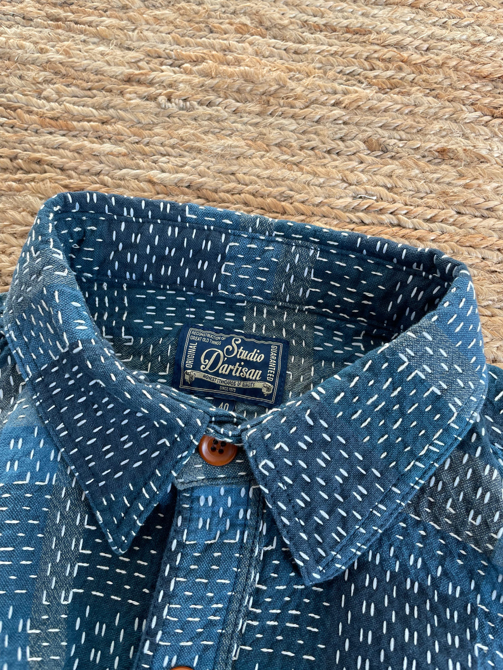 Noragi Sashiko Long Sleeve Shirt in Blue - Tempo