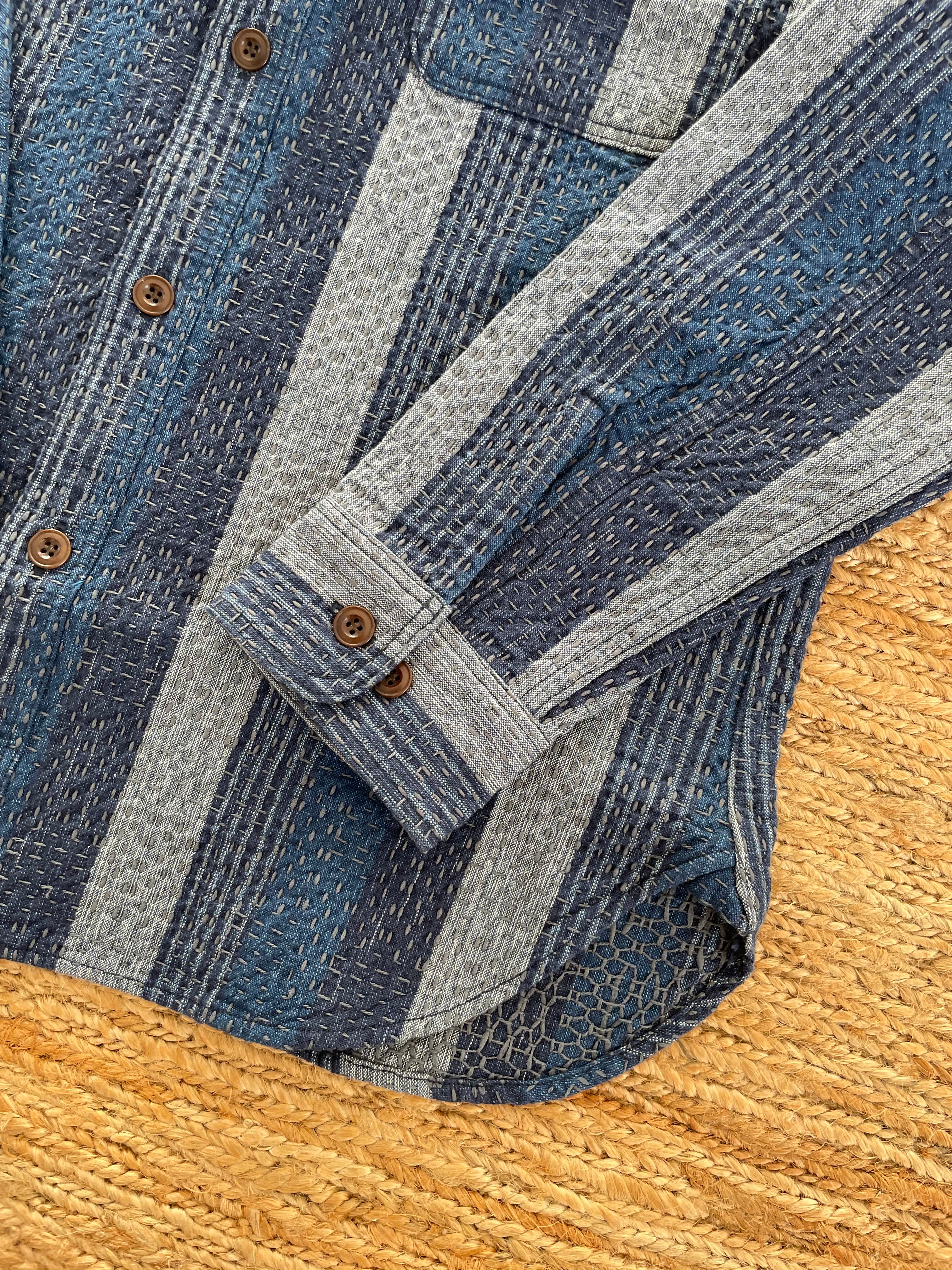 Noragi Kasuri Sashiko Shirt in Navy - Tempo