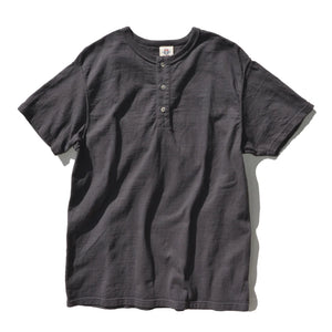 16oz Japanese Organic Cotton Henley Hand-Dyed in Black Bean - Kuromame - Tempo