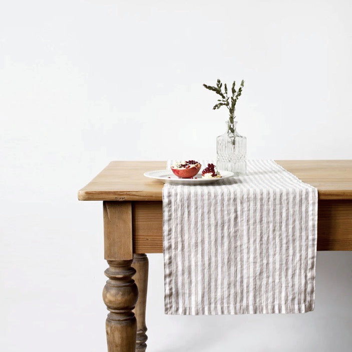 Linen Table Runner - Natural White Stripes