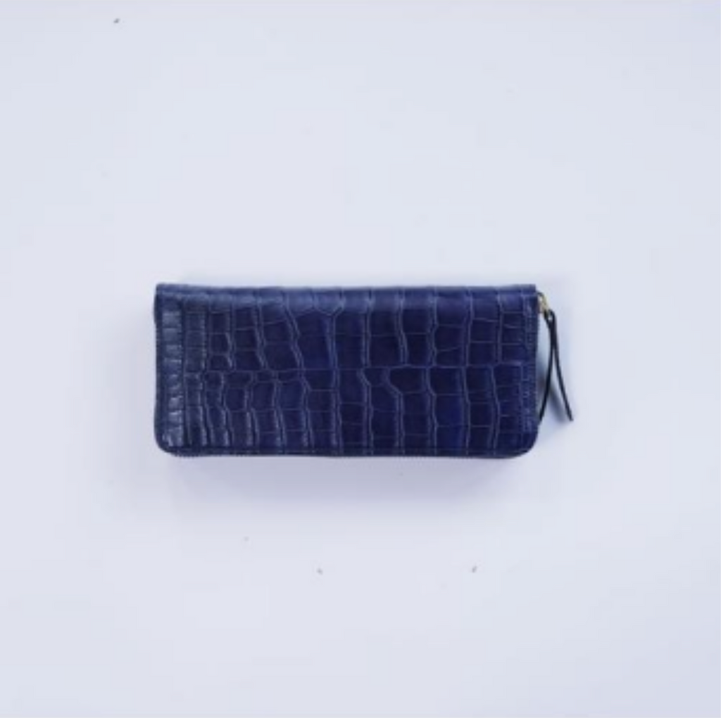 French Crocodile Round Long Wallet in Navy