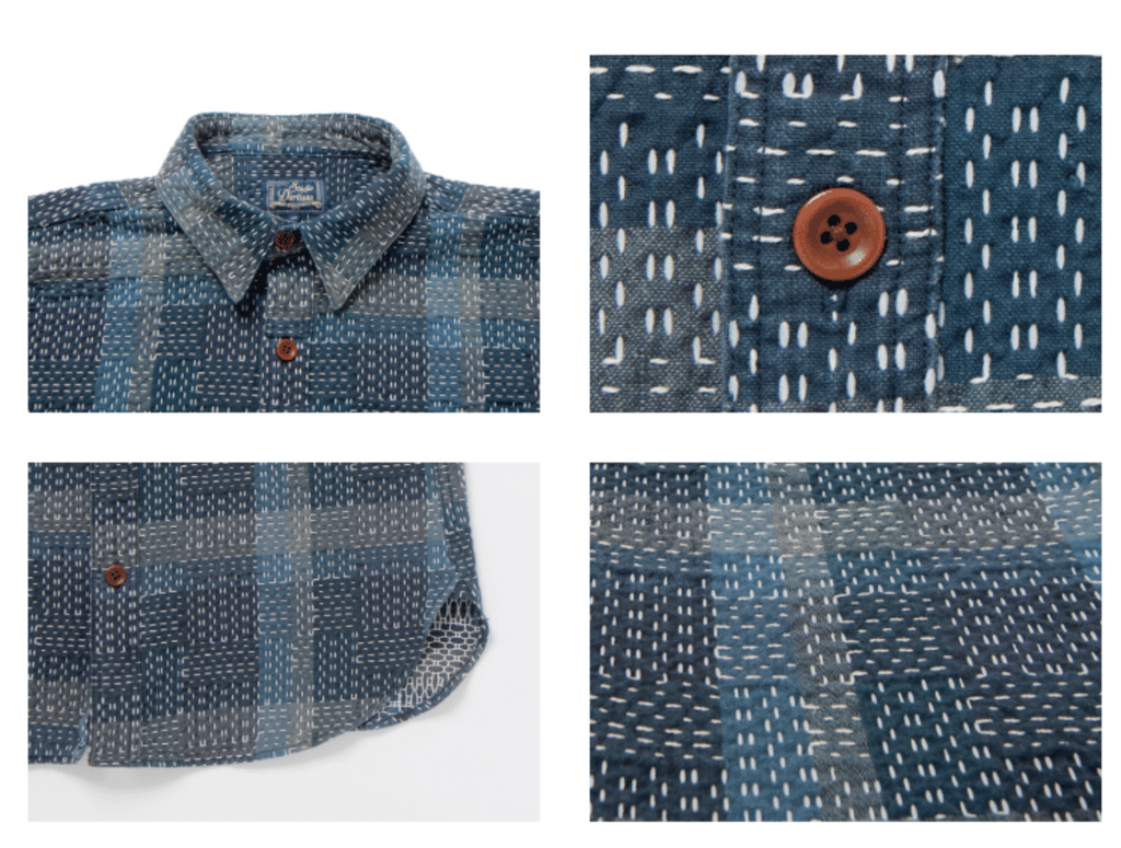 STUDIO D'ARTISAN - PRE-ORDER: Noragi KASURI SASHIKO INDIGO PATCHWORK Shirt in Blue - Tempo