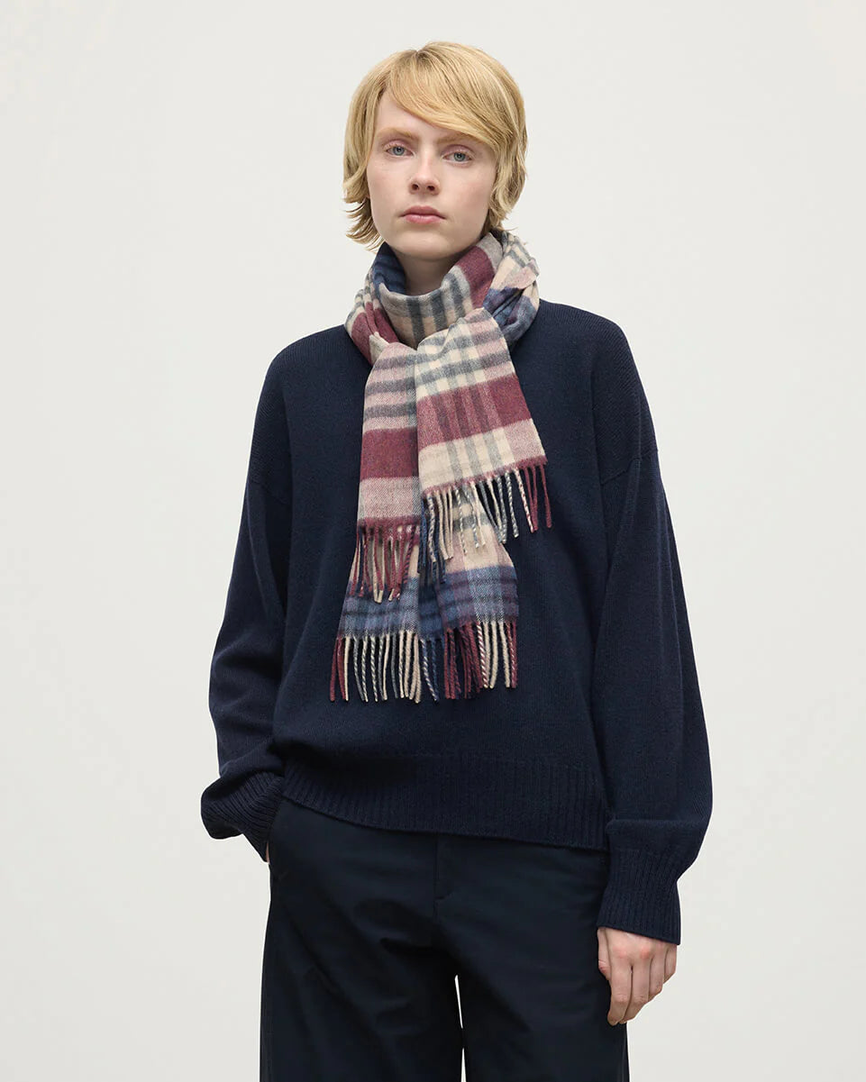 JOHNSTONS OF ELGIN - Oversized Check Purple Merino Scarf in Damson Purple - Tempo