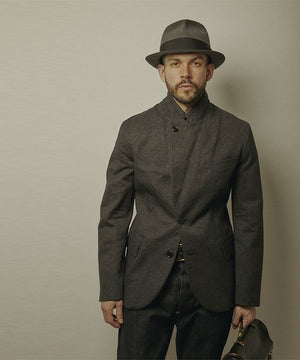 Ragtime Cotton Peaked Lapel Jacket - Pocket Bottle Whisky in Mixed Navy
