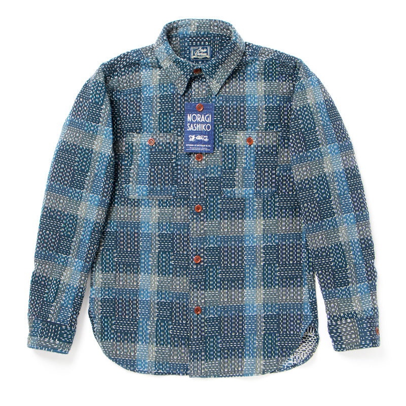 Noragi Sashiko Long Sleeve Shirt in Blue - Tempo
