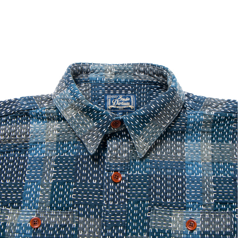 Noragi Sashiko Long Sleeve Shirt in Blue - Tempo