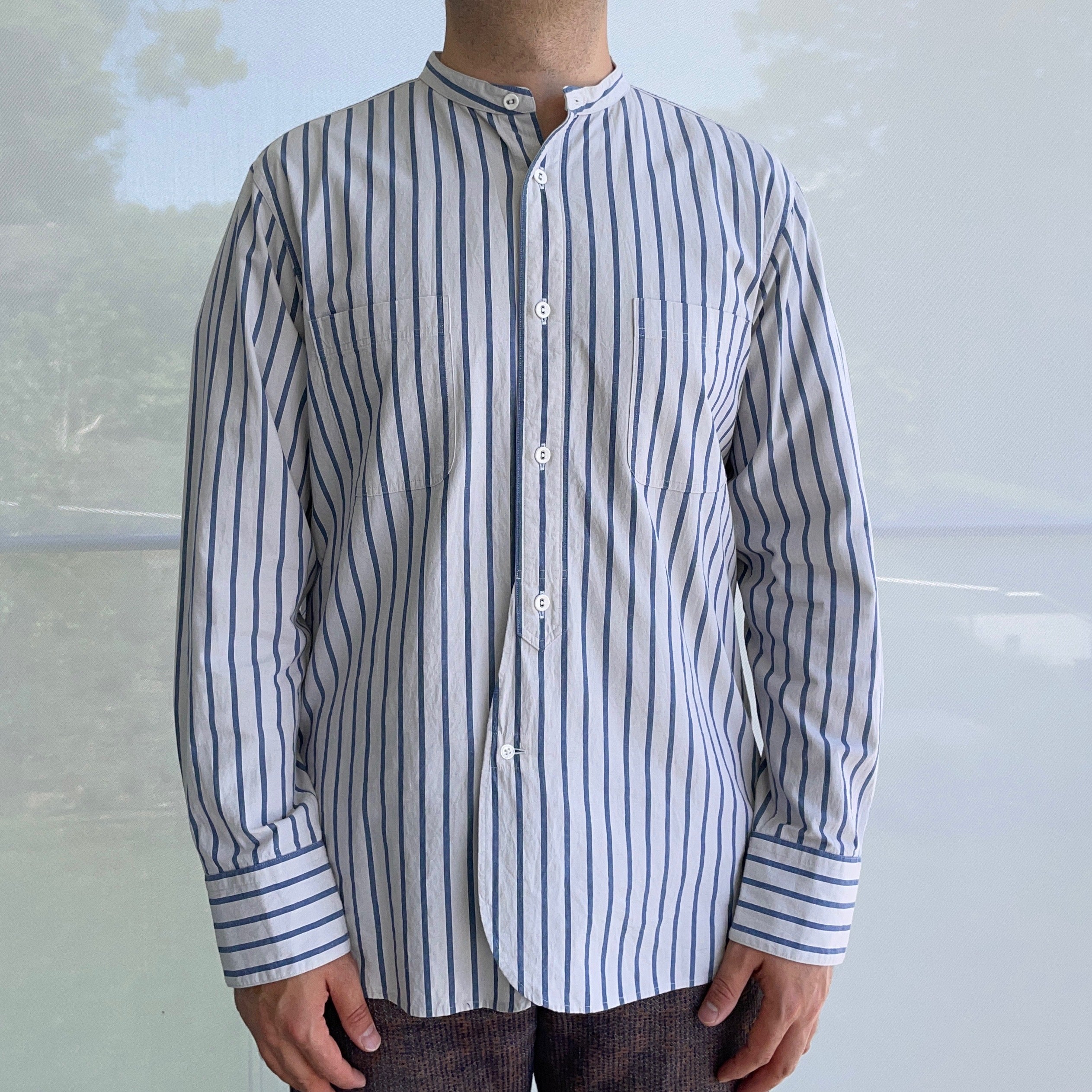 "Livingstone" Cotton Linen Ramie Shirt in Light Grey x Blue - Tempo