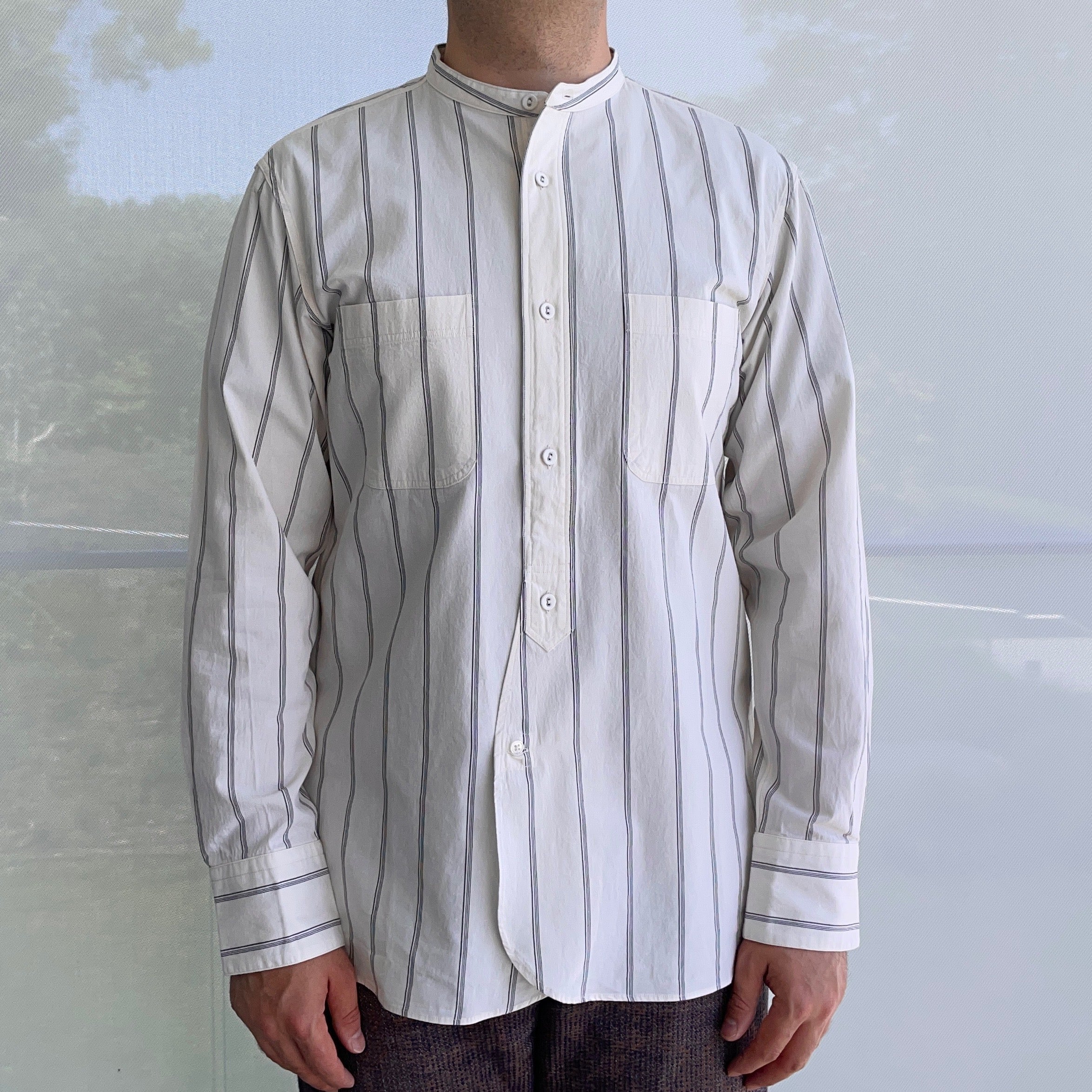 "Livingstone" Cotton Shirt in White Blue Black Stripe