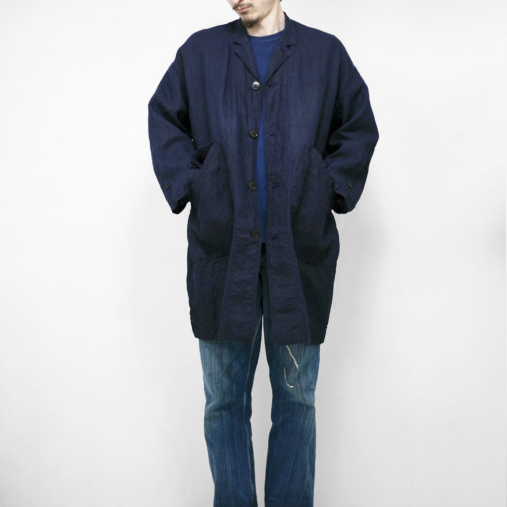 Dark Indigo Linen Coat - Sukumo Natural Indigo Hand-dyed - Tempo