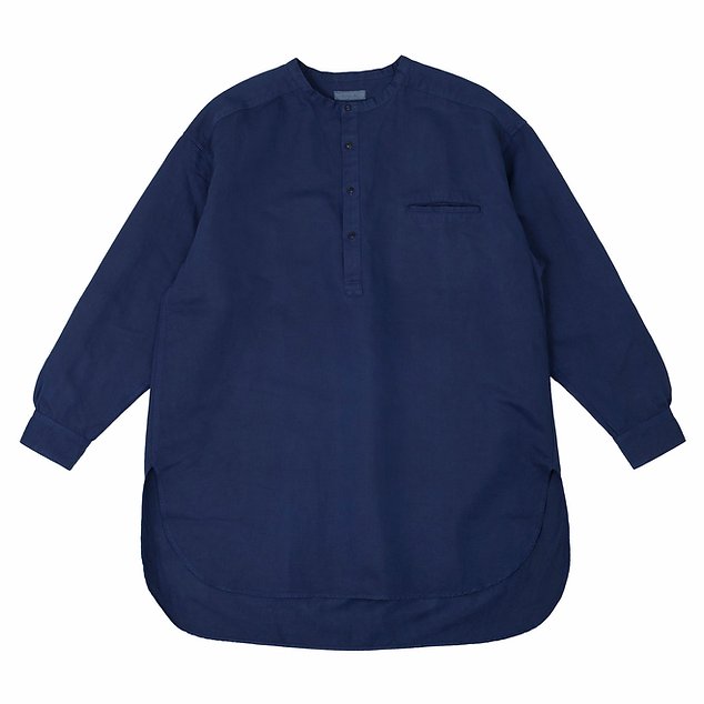 Linen Cotton Henley Neck Shirt - Dark Indigo - Sukumo Natural Indigo Hand-Dyed - Tempo