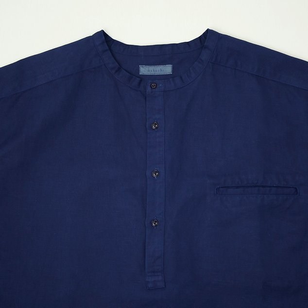 Linen Cotton Henley Neck Shirt - Dark Indigo - Sukumo Natural Indigo Hand-Dyed - Tempo
