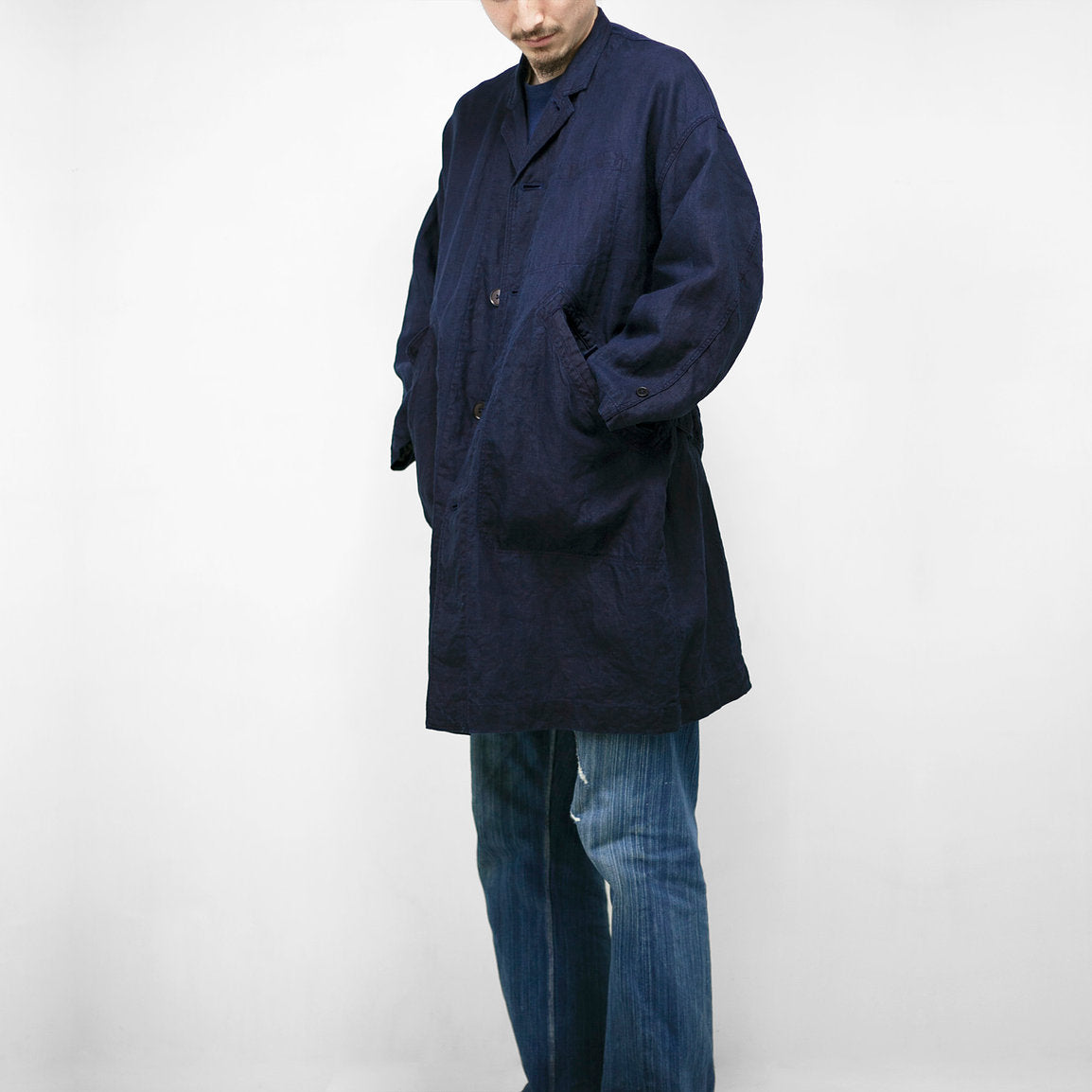 Dark Indigo Linen Coat - Sukumo Natural Indigo Hand-dyed - Tempo