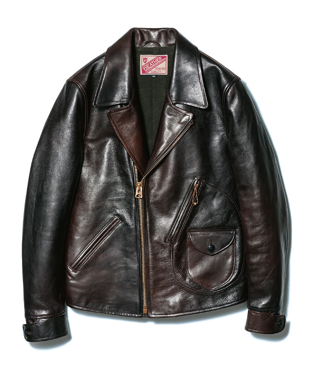 Vegetable Tanned Hand-Dyed Horsehide D-Pocket Double Riders Jacket in Black (HR-56) - Tempo