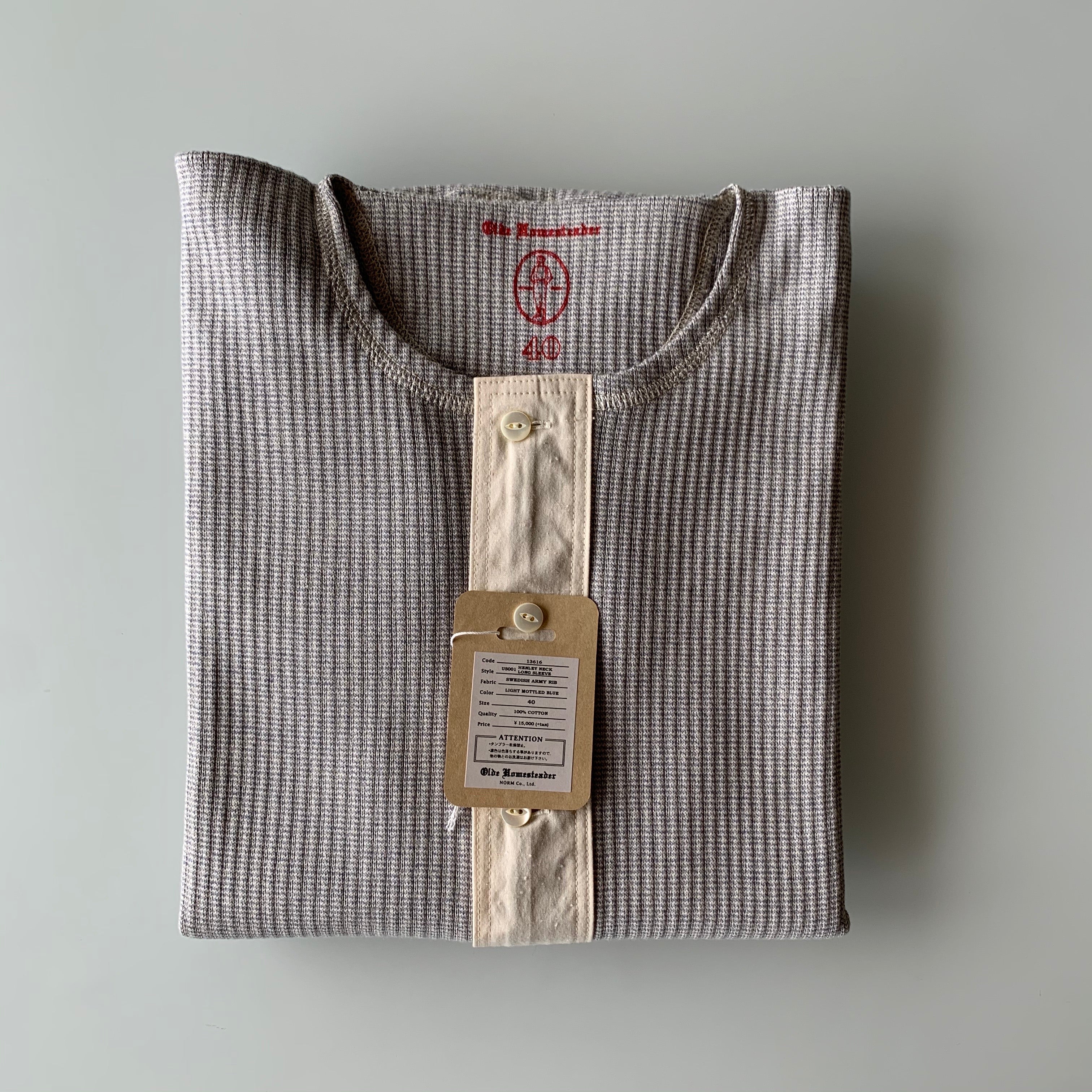 US001 Swedish Army Rib Henley Neck Long Sleeve in Mottled Light Blue - Tempo