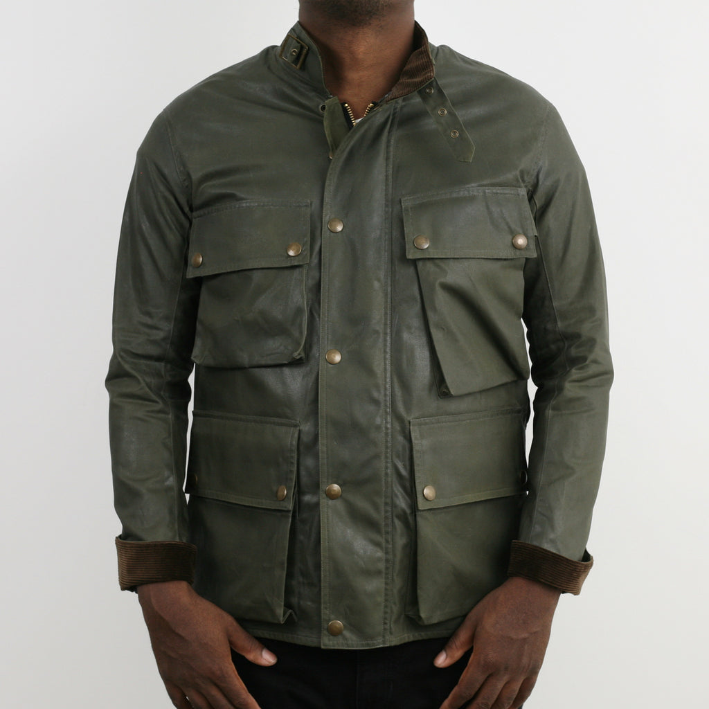 BMC 'British Motorcycle Jacket' in Khaki Green Water Repellant Waxed Cotton with Wool Vest Liner - Tempo