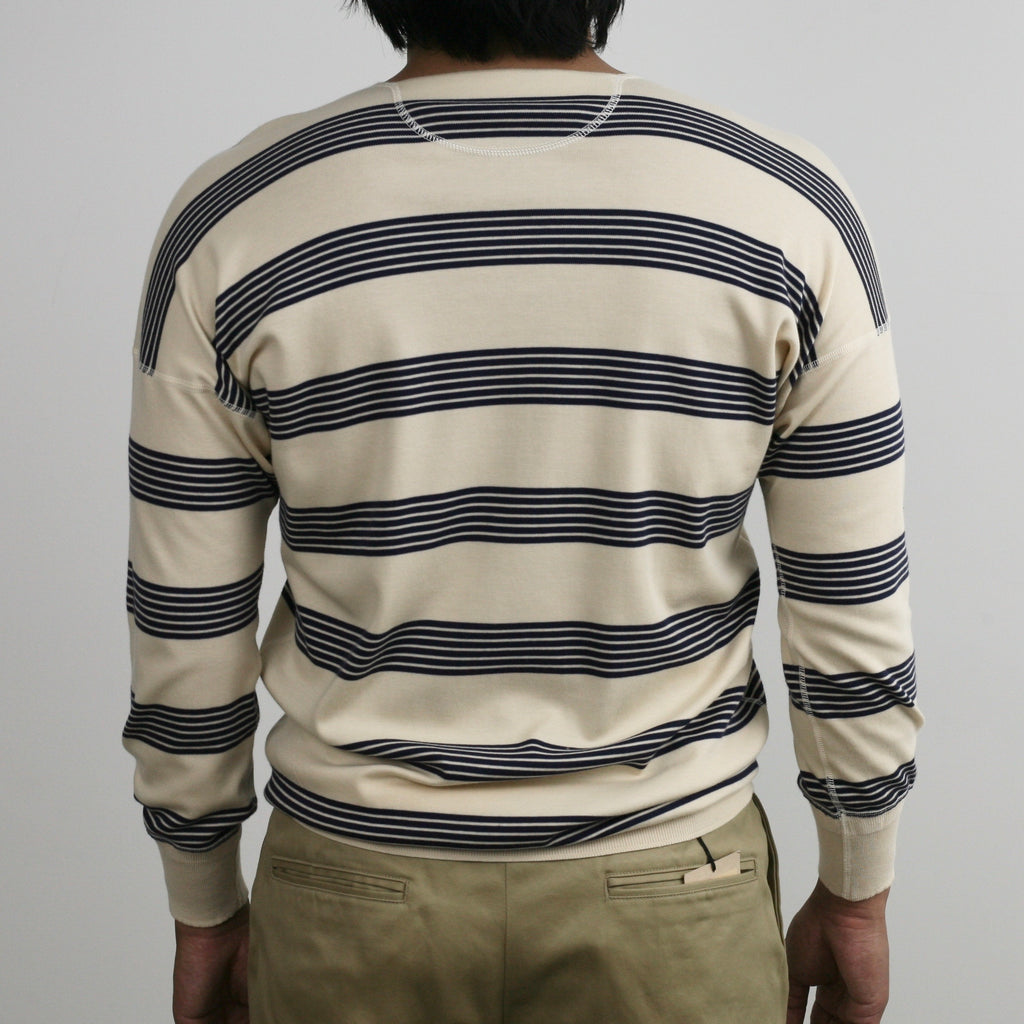 US001 Henley Neck Long Sleeve in Écru x Navy - Tempo
