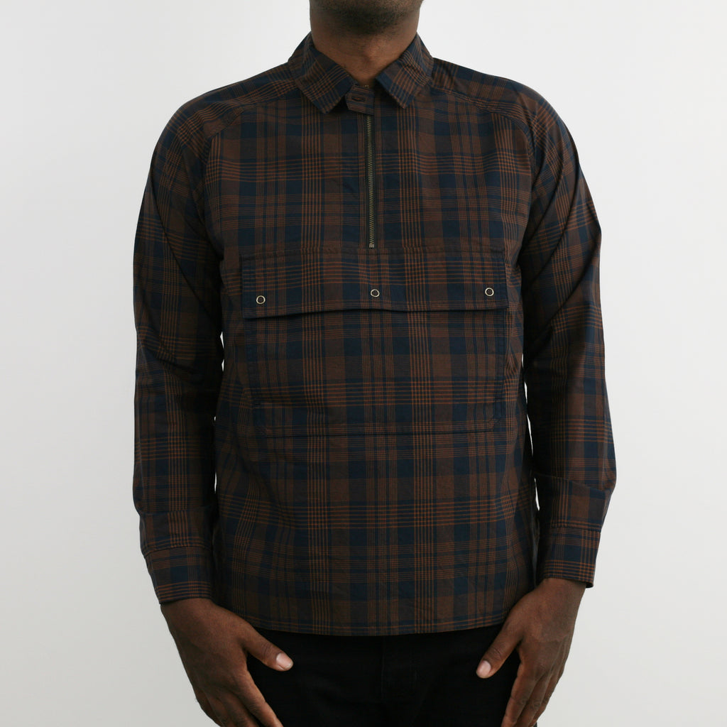 "Jackson" High Density Cotton Anorak Shirt in Navy x Brown - Tempo