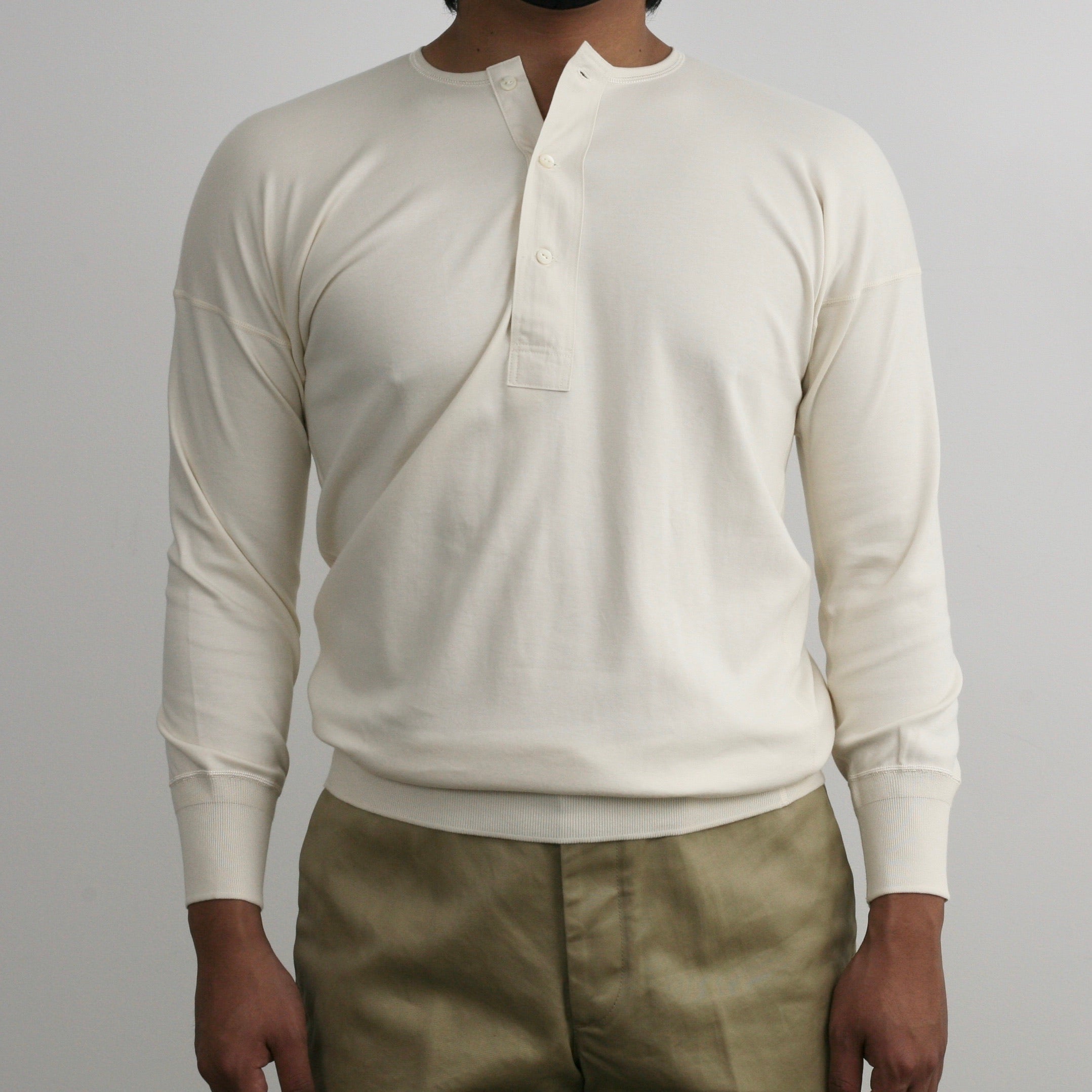 US001 Henley Neck Long Sleeve in Ivory