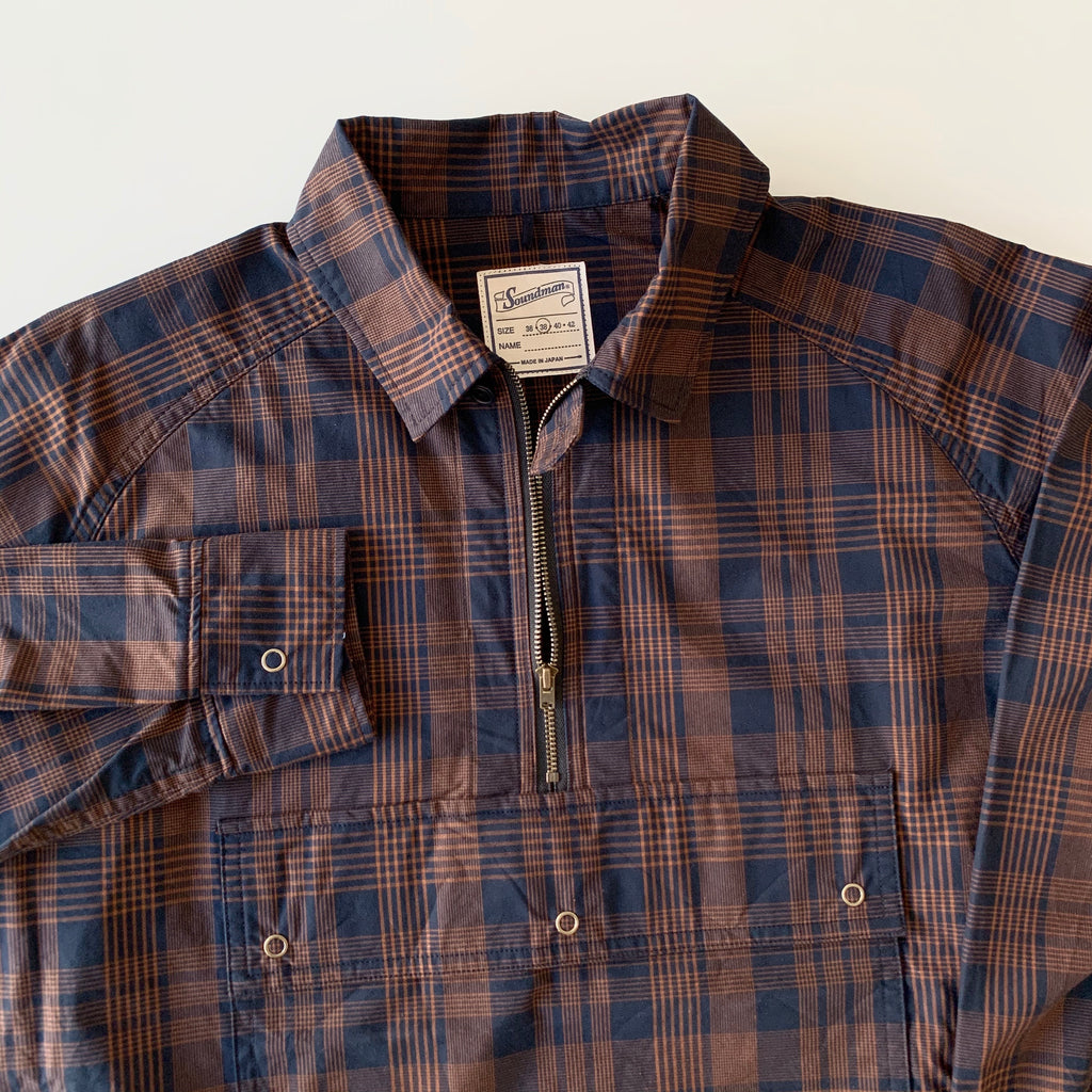 "Jackson" High Density Cotton Anorak Shirt in Navy x Brown - Tempo