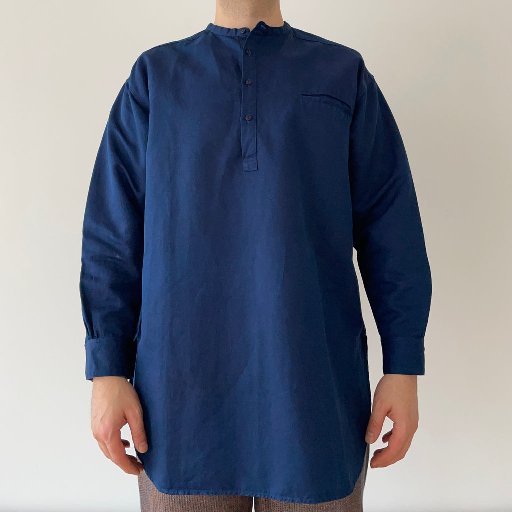 Linen Cotton Henley Neck Shirt - Dark Indigo - Sukumo Natural Indigo Hand-Dyed - Tempo