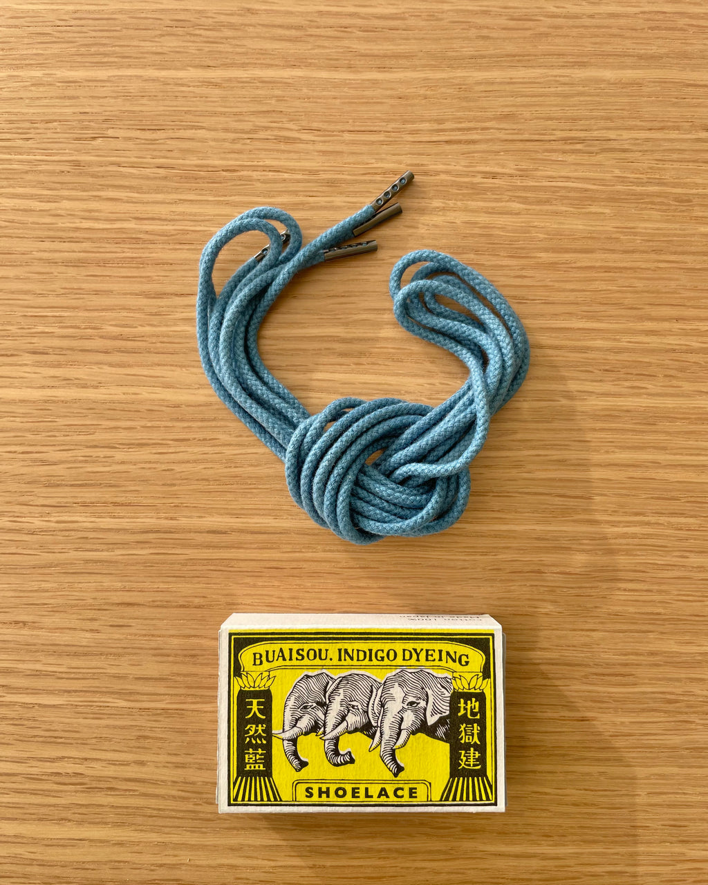 Round Shoelaces with Metal Ends - Light Indigo - Sukumo Natural Indigo Hand-Dyed - Tempo