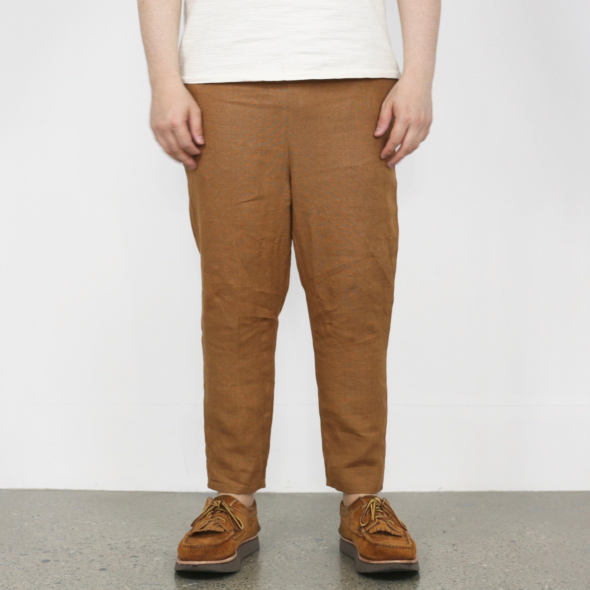 Linen Drop-Crotch Tapered Pants in Ocre