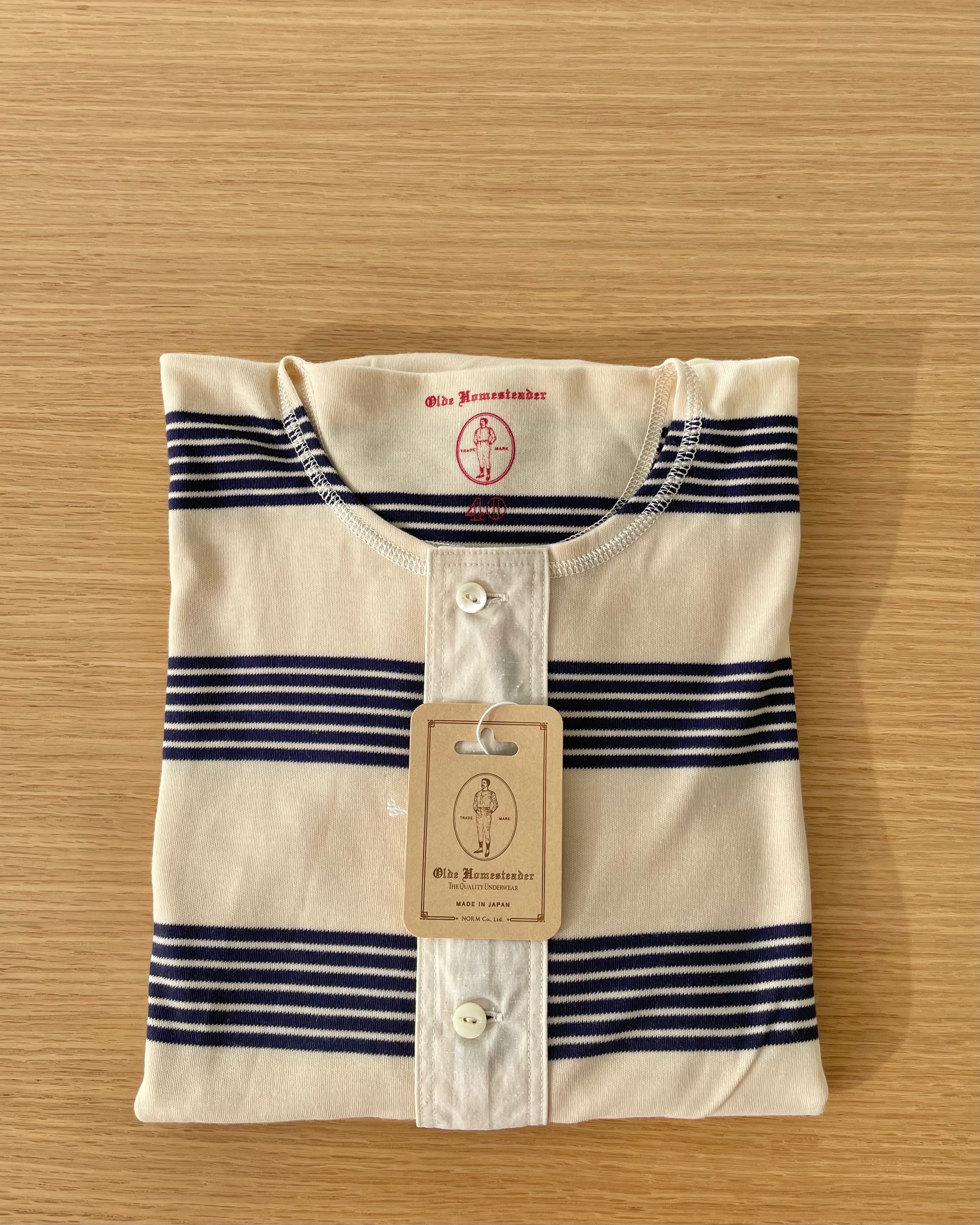 US001 Henley Neck Long Sleeve in Écru x Navy - Tempo