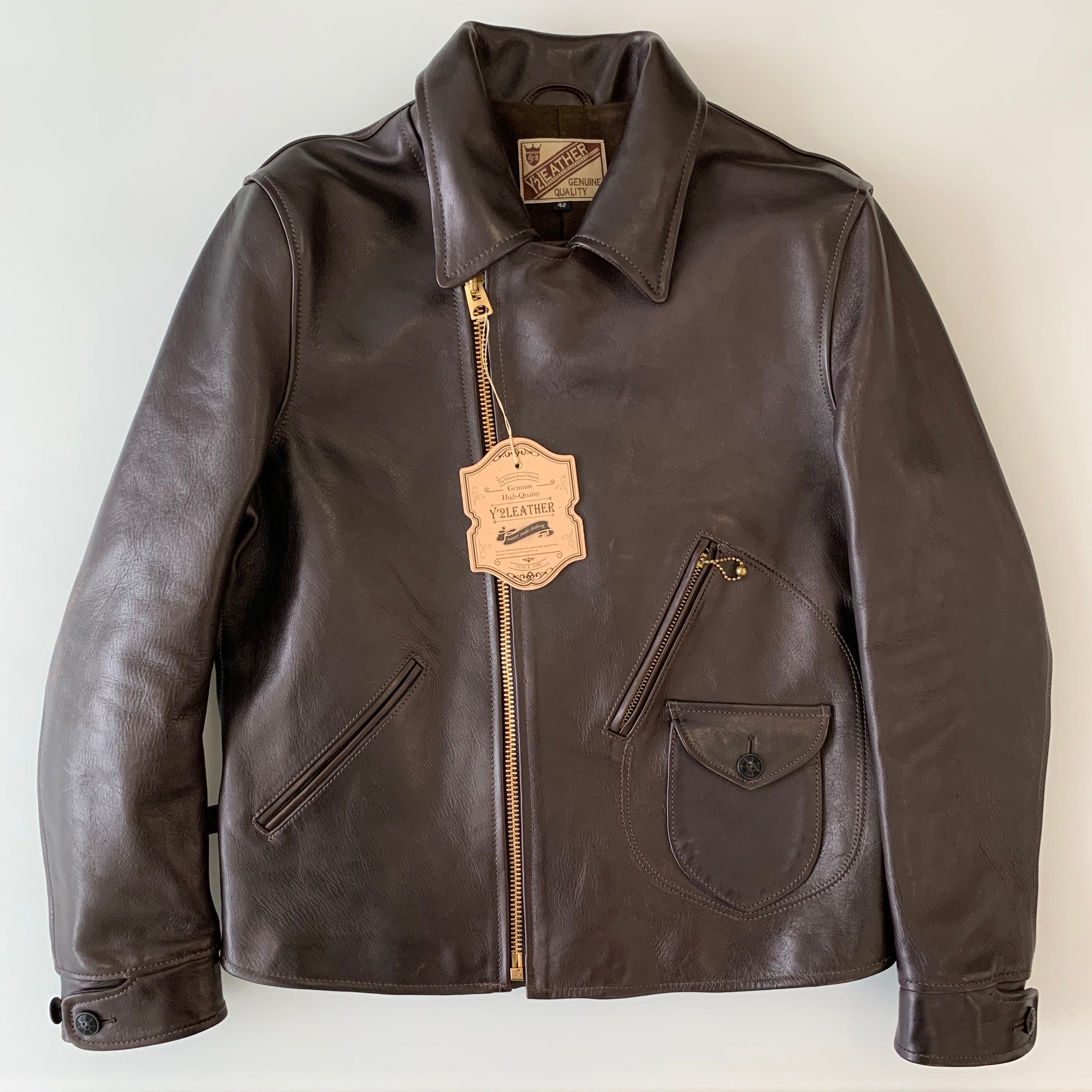 Y'2 LEATHER Hand Dyed Horse Double Riders Jacket in Brown at TEMPO