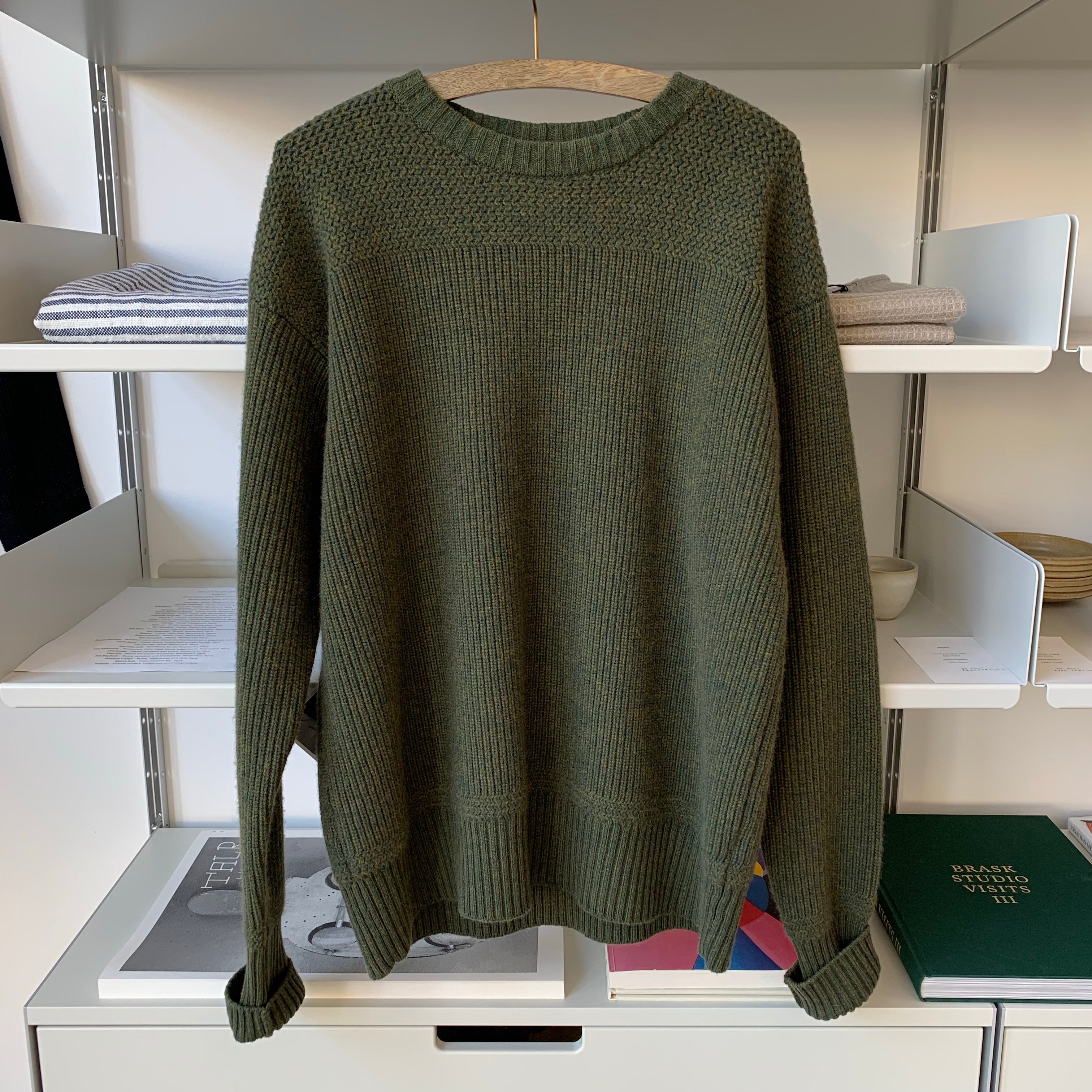 Merino Super Lamb Classic Military Crewneck Sweater in Ash Olive - Tempo